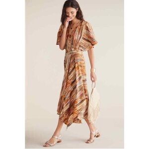 Soft Surroundings Women's Cyra Dress Brown Painted Stripe V Neck Size XS